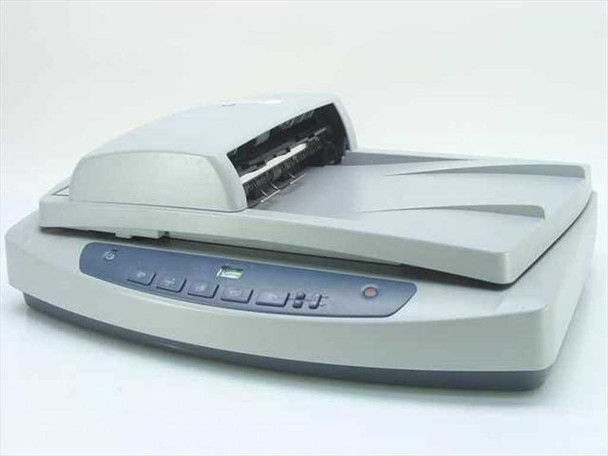 HP Scanjet 4500C C9910A flatbed scanner with C9915A ADF attachment closed — three-quarter front view showing front panel buttons and ADF unit seated on top