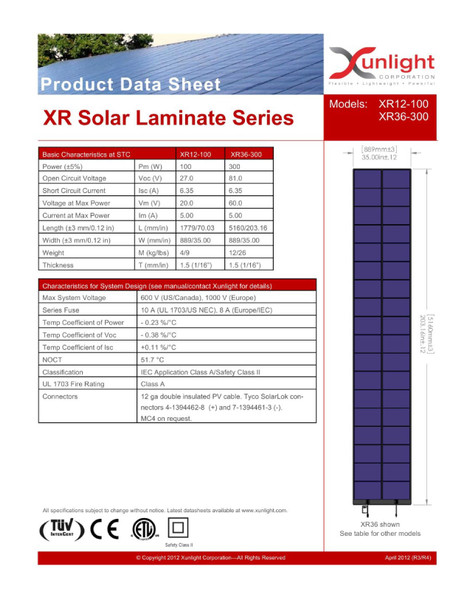 Xunlight XRD12-100 20V 100 Watt Flexible Solar Panel Battery Charging - Solarlok