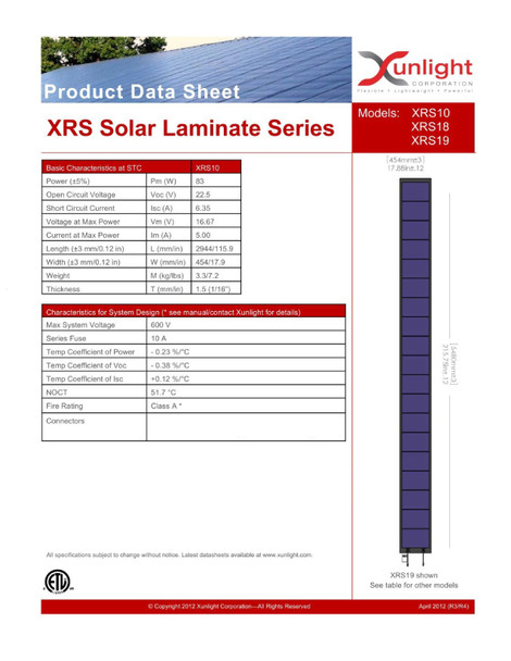 Xunlight XRS10 XRS Solar Laminate Series product data sheet showing full electrical and physical specifications