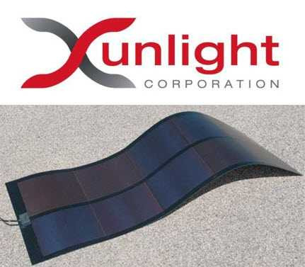 Xunlight XRS8-64 64W flexible amorphous solar panel shown rolled and flexed, with Xunlight Corporation logo above