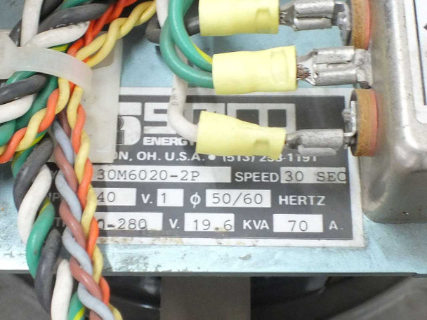 Staco 30M6020-2P nameplate close-up showing model number, 240V single-phase 50/60 Hz input, 0–280V output, 19.6 KVA, 70A, 30-second motor speed — Dayton OH USA