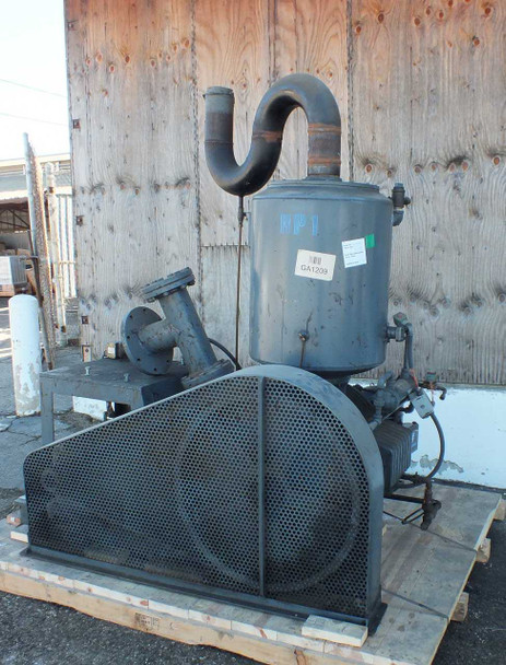 Beach Russ 615-325 RP1 Dry System vacuum pump — right-side view showing oil separator tank with asset tag labels, large flanged inlet, belt-guard, and skid base