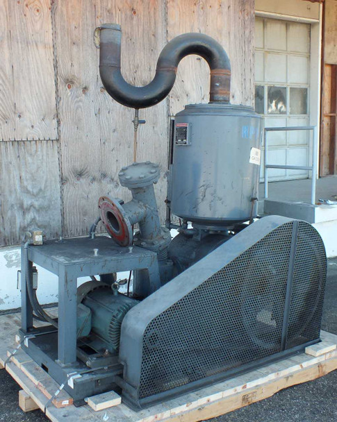 Beach Russ 615-325 vacuum pump — left-side full view showing flanged inlet port, drive motor, belt guard, oil separator tank, and S-curve exhaust