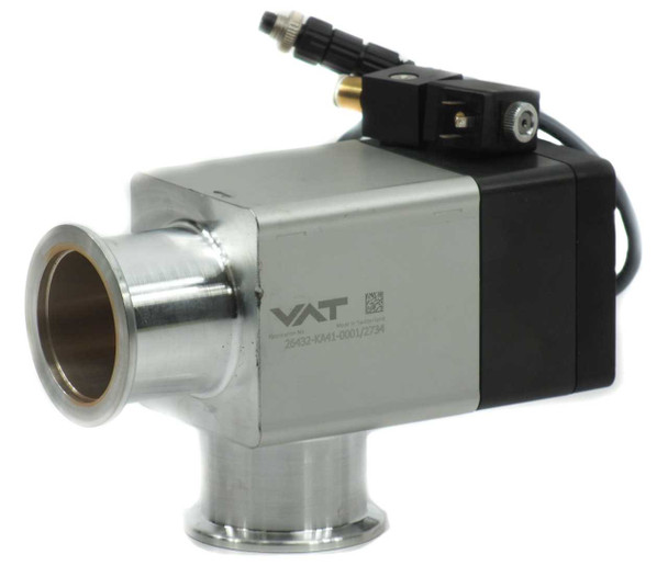 VAT 26432-KA41-0001 pneumatic angle valve ISO-KF40 — right-side view showing aluminum body, KF40 flanges, and solenoid with cable