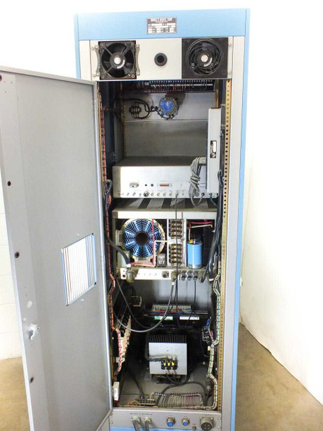 Unholtz-Dickie MA250-110 interior – cabinet door open showing internal wiring, large toroidal transformer, power amplifier modules, large filter capacitor, and terminal strips
