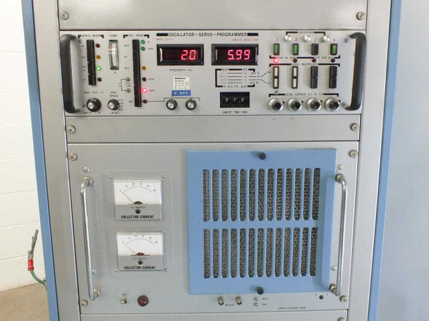Unholtz-Dickie OSP-4 Oscillator-Servo-Programmer front panel – digital frequency and level displays showing 20 Hz and 5.99, dual collector current analog meters below, and front-panel controls