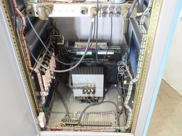 Unholtz-Dickie MA250-110 lower interior – power contactor assembly, large transformer, terminal strip wiring, heat sink module, and multi-conductor cable harness