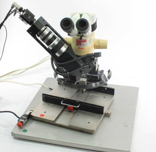 Finetech Fineplacer manual rework station main unit with Leica MZ6 stereo microscope mounted on two-axis XY stage platform, front-right view