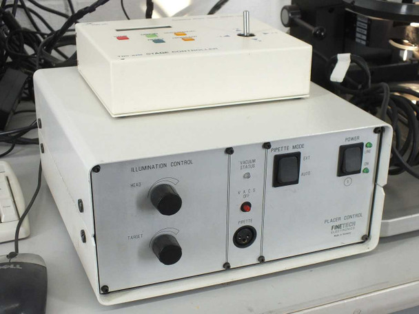 Finetech Placer Control unit with Sigma Koki SHOT-102 two-axis stage controller placed on top, bench view