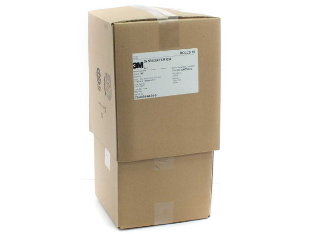 3M Spacer Film #294 carton exterior label showing 15 rolls, PN 70-0066-6434-9, size 30.0mm x 150m x 76mm, Run 1202-3, Invoice AH05570