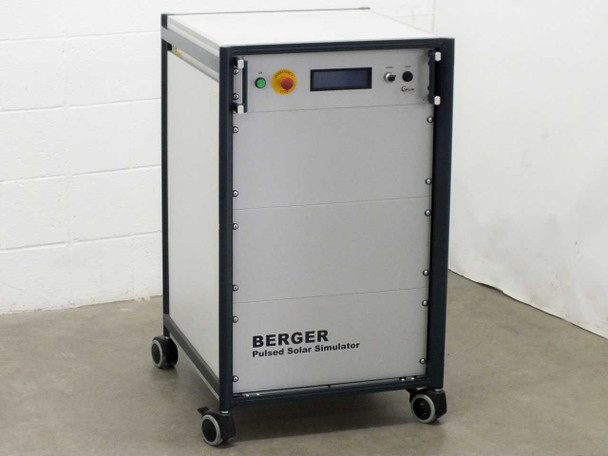 Berger PSS10 Pulsed Solar Simulator front view showing LCD display, green power indicator, and yellow emergency stop button on mobile cart