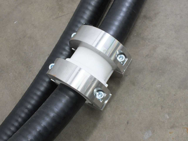 RFS CELLFLEX LCF158-50JA mid-cable EIA flange coupling detail showing aluminum clamp halves and PTFE center insulator