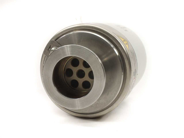 Pfeiffer Vacuum IKR 251 cold cathode gauge — bottom view showing DN 25 ISO-KF flange opening and internal stainless steel anode/cathode electrode assembly with six holes