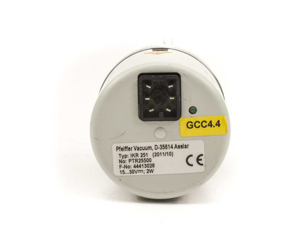 Pfeiffer Vacuum IKR 251 — rear label showing model IKR 251, part number PTR25500, 15–30V DC 2W power rating, CE mark, manufacture date 2011/10, and 6-pin connector socket