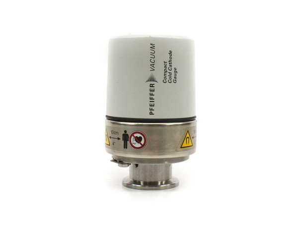 Pfeiffer Vacuum IKR 251 PTR25500 compact cold cathode gauge — front and side view showing white cylindrical housing with PFEIFFER VACUUM label, stainless steel body, and DN 25 ISO-KF clamp flange at base