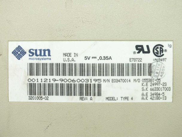 Sun Microsystems 3201005-02 keyboard bottom label closeup showing model 3201005-02 Rev A, MN E03470014, M/O 055381-05, 5V 0.35A, Made in USA, Type 4