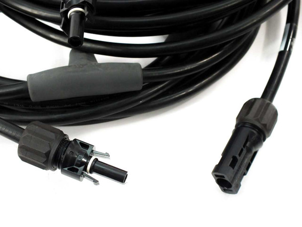 Close-up of Amphenol H4 male and female MC4-compatible connectors on the 4-branch parallel solar cable