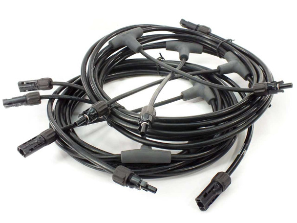 Amphenol H4 4-branch solar panel parallel cable pair coiled, showing all branch connectors and full 24-ft cable length
