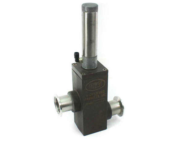 Key High Vacuum Products BL162 pneumatic brass valve – front-left view showing valve body, pneumatic actuator cylinder, and KF25 flanged ports