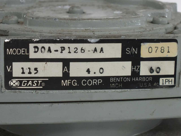 Gast DOA-P126-AA nameplate closeup — model DOA-P126-AA, S/N 0781, 115V, 4.0A, 60Hz, 1PH, Gast MFG Corp, Benton Harbor Michigan USA