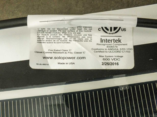 SoloPower SP3L-220 compliance label showing Made in USA, manufacture date 2/25/2016, Intertek Recognized Component 4006578, UL 1703 / ULC C1703 certification, Max System Voltage 600 VDC, Fire Rated Class C