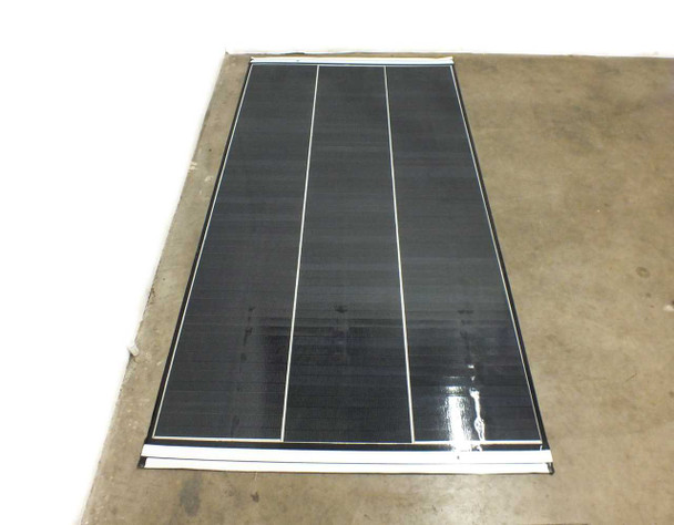 SoloPower SP3L-160 160W flexible CIGS solar panel laid flat — straight-on top view showing full length and three-column cell layout