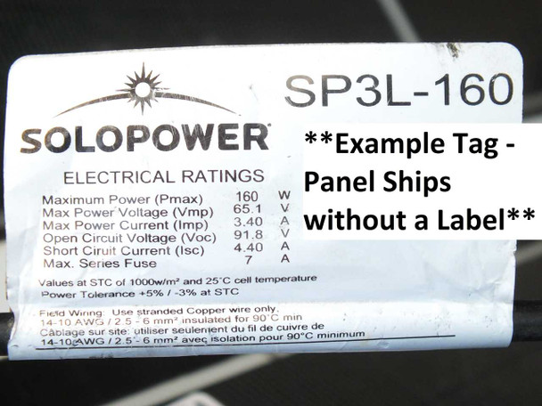 SoloPower SP3L-160 electrical ratings label showing 160W Pmax, 65.1V Vmp, 3.40A Imp, 91.8V Voc, 4.40A Isc, 7A fuse — example tag, panel ships without label