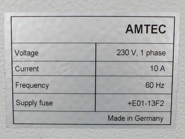 Amtec XRF 940V electrical specification label — 230V 1 phase, 10A, 60Hz, supply fuse +E01-13F2, Made in Germany