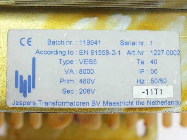 Jaspers Transformatoren VES5 rating label — shows Art Nr 1227.0002, VA 8000, Prim 480V, Sec 208V, Hz 50/60, EN 61558-2-1, Batch 119941