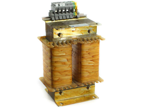 Jaspers Transformatoren VES5 8kVA single-phase transformer — front/right angle view showing dual wound coils and top terminal block