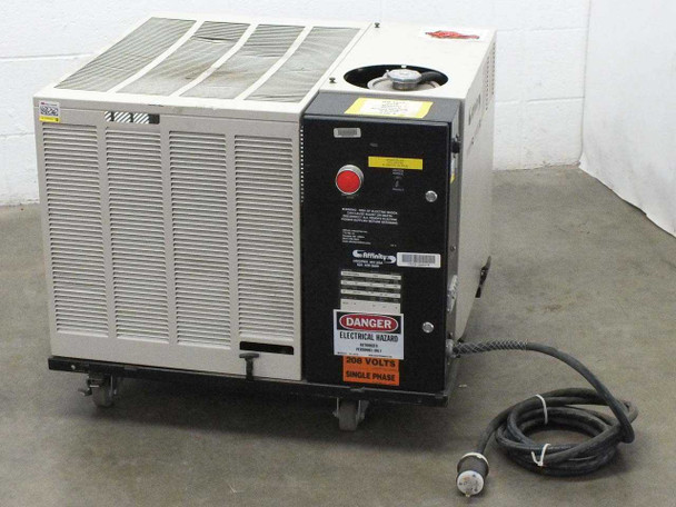 Affinity FWE-005C-CD38CA water cooled chiller – front right view showing louvered side panel, black control panel with red emergency stop button, Affinity logo, danger 208V single phase label, and power cord with twist-lock plug