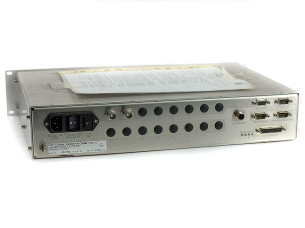 Trumpf Huttinger 0372600 MOP Master Oscillator — rear panel view showing IEC AC inlet, BNC connectors, multiple DB9 serial ports, one DB25 connector, and rating label