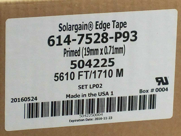Quanex Solargain Edge Tape 614-7528-P93 box label showing part number 504225, primed 19mm x 0.71mm, UL mark, Made in USA, manufacture date 20160524, expiration date 2016-11-23