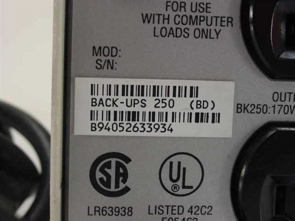 APC Back-UPS 250 BD close-up of rating label showing model BACK-UPS 250 (BD), barcode B94052633934, output BK250:170V, CSR and UL Listed 42C2 markings