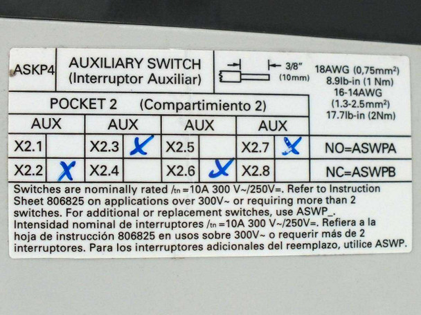Siemens HMX3B600 auxiliary switch label — ASKP4, Pocket 2, showing AUX contact positions X2.1–X2.8 with NO/NC markings