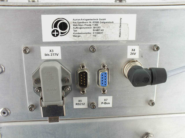 Aurion B-MBT-48 label plate showing model B-MBT-48, Matchbox Prodik T300, order 301253, with X3 up to 277V, X4 24V, X5 RS-232, and X7 P-Bus connectors