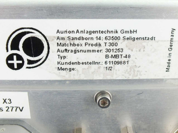 Aurion Anlagentechnik GmbH manufacturer label closeup: Matchbox Prodik T300, Type B-MBT-48, Auftragsnummer 301253, Made in Germany
