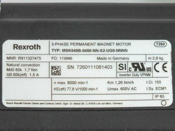 Rexroth MSK040B motor nameplate label – showing model MSK040B-0450-NN-S2-UG0-NNNN, MNR R911327475, 600V, 6000 RPM, IP65 rating