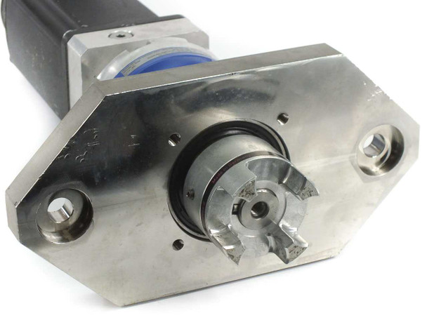 Front face view of stainless steel vacuum flange and gearbox output shaft coupling on assembled servo motor unit