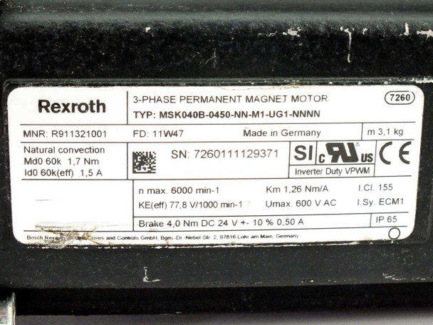 Rexroth MSK040B motor nameplate label showing model MSK040B-0450-NN-M1-UG1-NNNN, MNR R911321001, 600V AC, IP65, Made in Germany