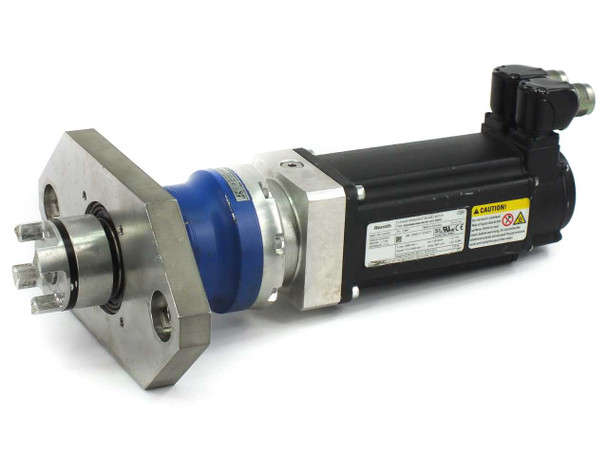 Rexroth MSK040B servo motor with Wittenstein Alpha SP075S gearbox and stainless steel vacuum flange — front right angle view