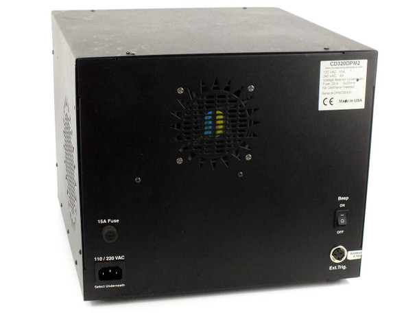Sunstone CD320DPM2 spot welder rear panel showing cooling fan, 110/220VAC inlet, 15A fuse holder, Beep On/Off switch, Ext. Trip jack, and CE rating label