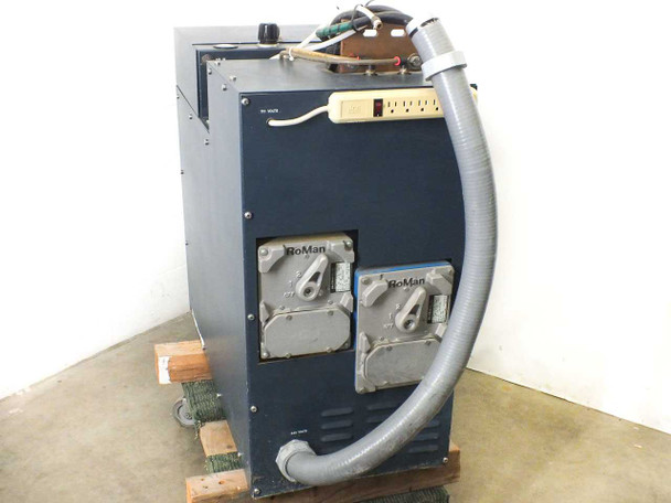 Polaris Electronics Accu-Weld 5100 – rear view showing two RoMan welding transformer connectors, power strip, and flexible hose