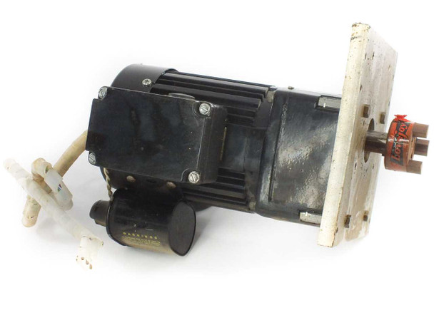Bodine 42R5BFCI-E3 gearmotor bottom-side view showing gear housing, capacitor assembly, and output shaft with red fitting