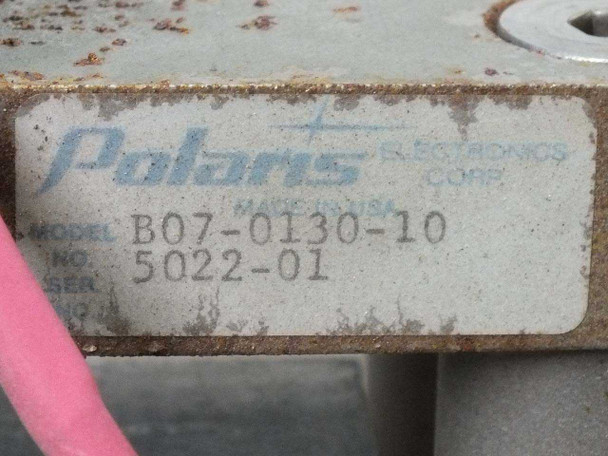 Polaris Electronics Corp model plate on weld head base showing Model B07-0130-10, secondary number 5022-01, Made in USA