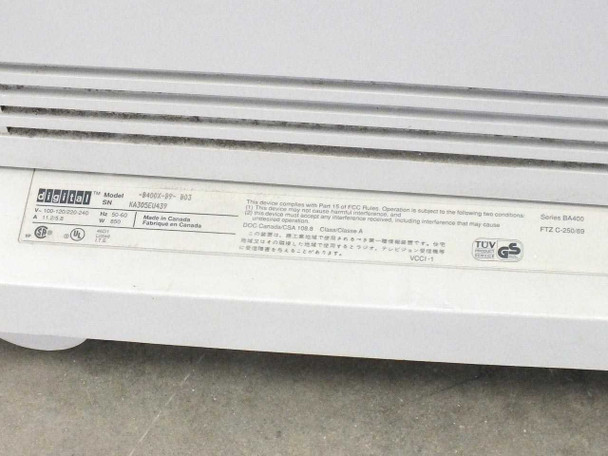 DEC Digital B400X rating plate showing model B400X-B9-B03, serial number, 100-120/240V AC, Made in Canada, BA400 Series, FCC, TÜV, CSA certifications