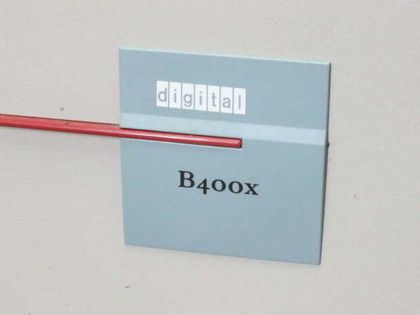 Close-up of Digital Equipment Corporation B400X model badge on front panel