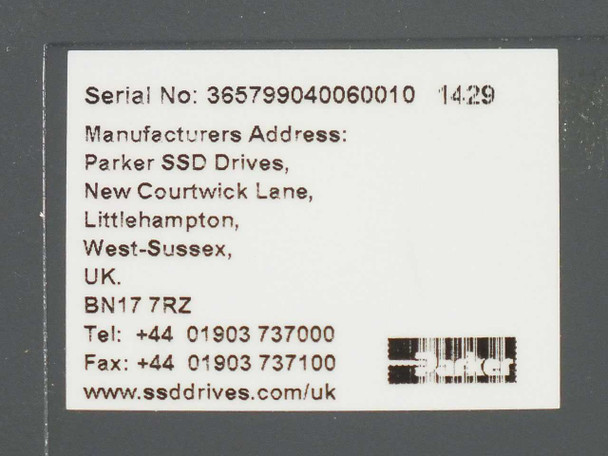Parker AC890CS serial number label – serial 365799040060010, manufactured by Parker SSD Drives, Littlehampton, West Sussex, UK
