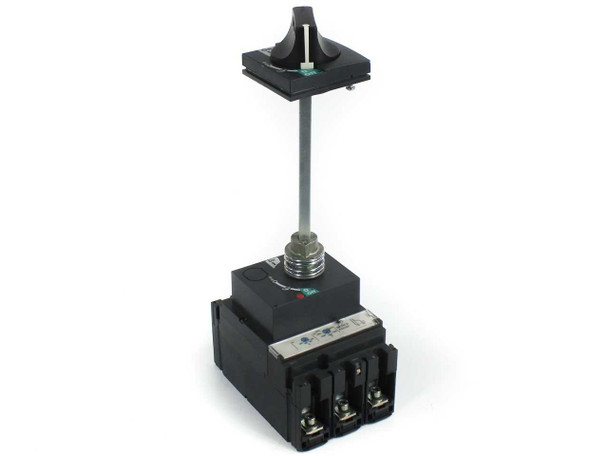 Side profile of Schneider LV431631 NSX250F circuit breaker with extended rotary shaft and knob