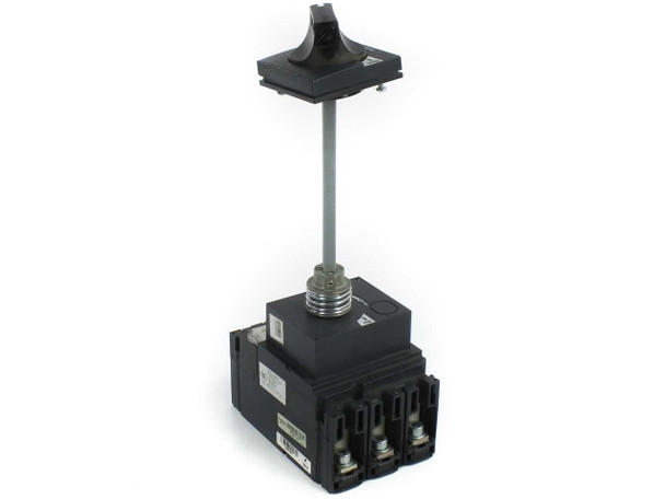Alternate side profile of Schneider NSX250F with rotary knob extended shaft showing full assembly height
